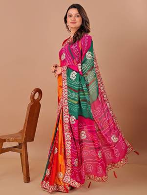 green gotta patti bandhani saree 3