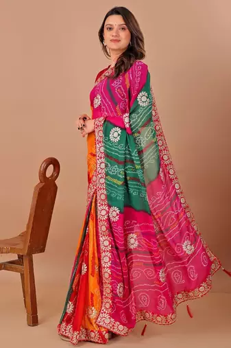 green gotta patti bandhani saree