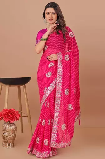 Pink bandhani embroidered poly georgette bandhani saree