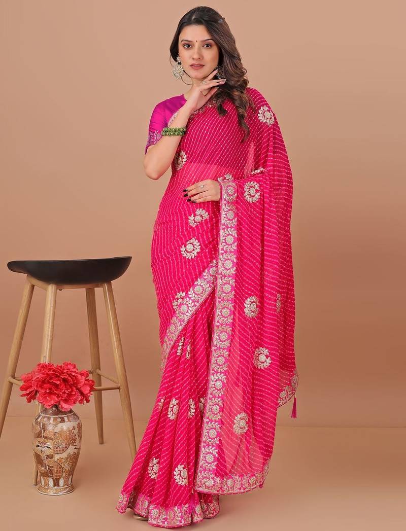 Pink bandhani embroidered poly georgette bandhani saree