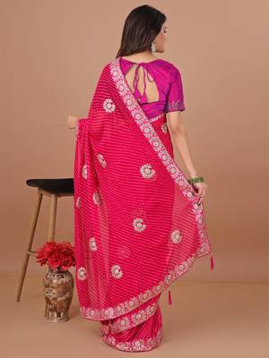 Pink bandhani embroidered poly georgette bandhani saree 2