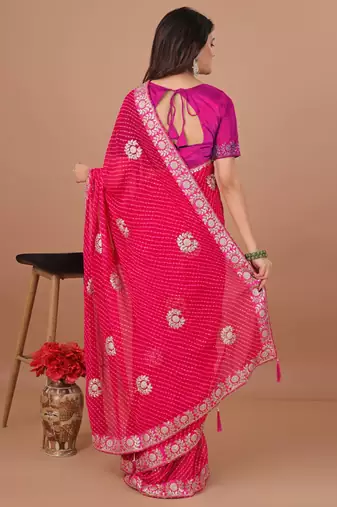 Pink bandhani embroidered poly georgette bandhani saree