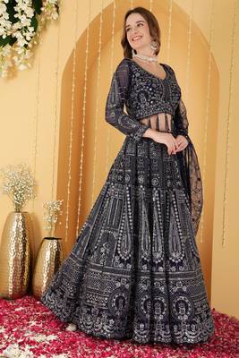 Dark Blue Double Net Hand Embroidered Lehenga Set 1