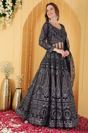 Dark Blue Double Net Hand Embroidered Lehenga Set