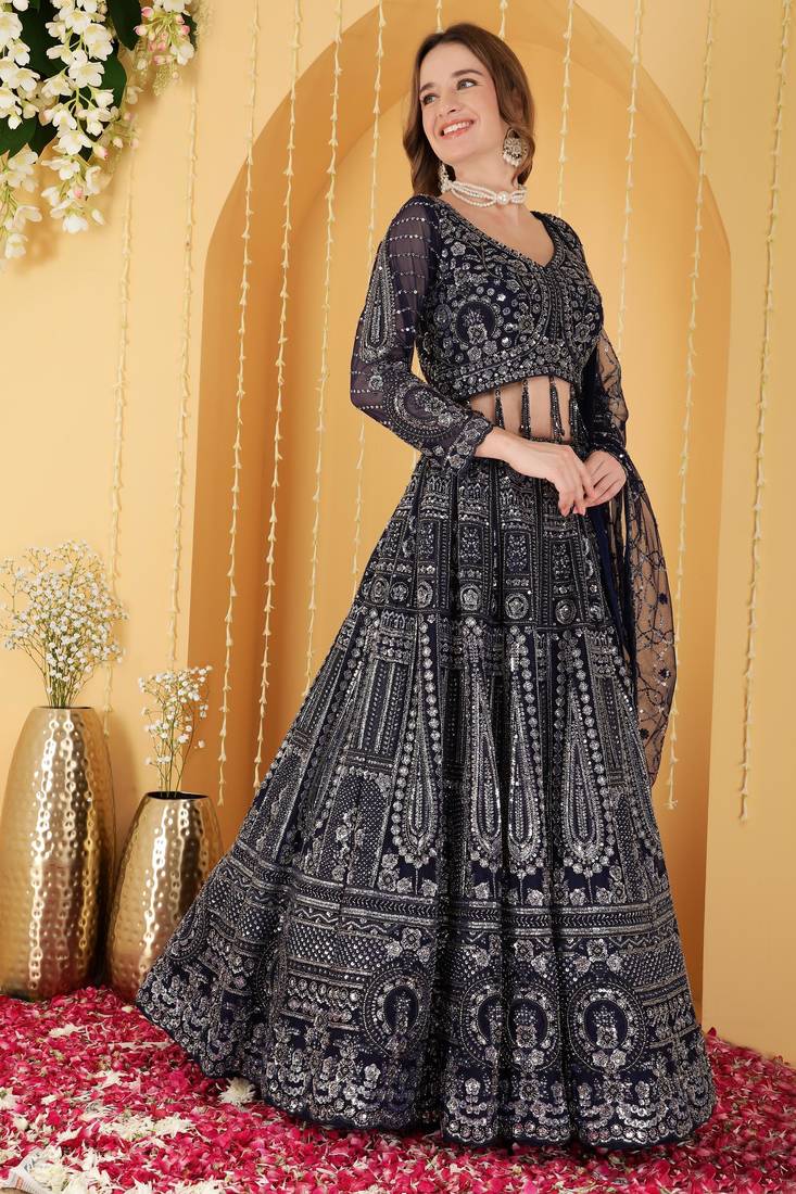 Dark Blue Double Net Hand Embroidered Lehenga Set