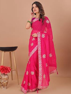 Pink bandhani embroidered poly georgette bandhani saree 3
