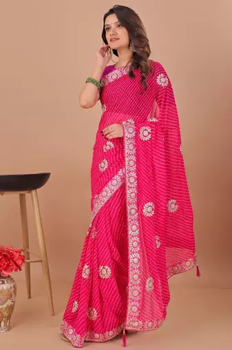 Pink bandhani embroidered poly georgette bandhani saree