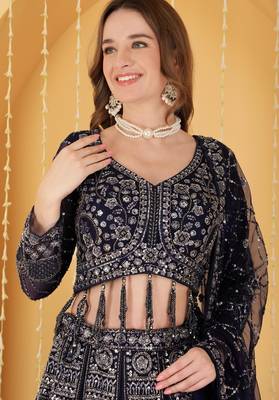 Dark Blue Double Net Hand Embroidered Lehenga Set 2