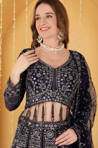 Dark Blue Double Net Hand Embroidered Lehenga Set