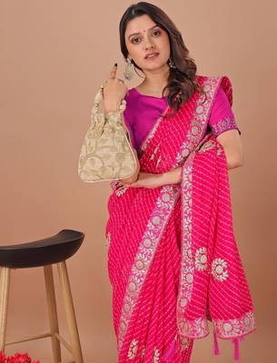Pink bandhani embroidered poly georgette bandhani saree 4