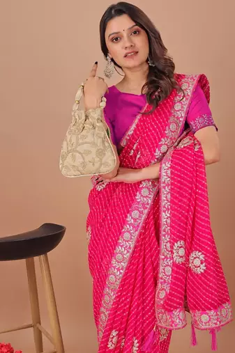 Pink bandhani embroidered poly georgette bandhani saree