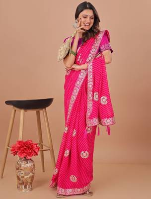 Pink bandhani embroidered poly georgette bandhani saree 5