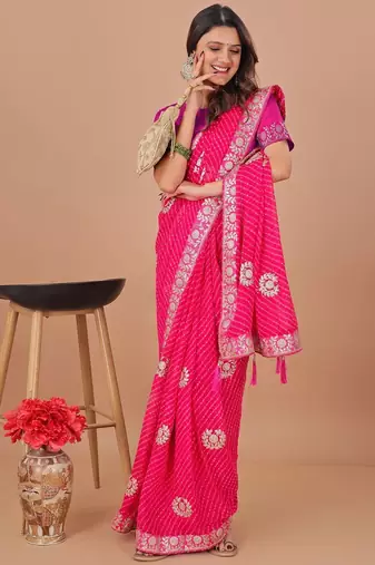 Pink bandhani embroidered poly georgette bandhani saree