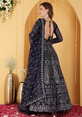Dark Blue Double Net Hand Embroidered Lehenga Set 3