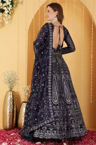 Dark Blue Double Net Hand Embroidered Lehenga Set
