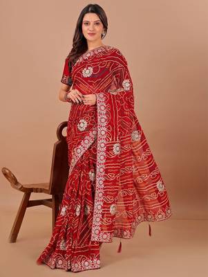 red bandhani printed gotta patti saree 1