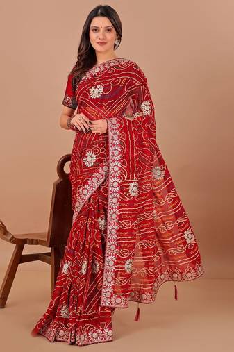 red bandhani printed gotta patti saree