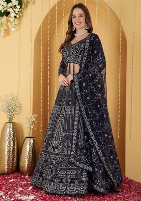 Dark Blue Double Net Hand Embroidered Lehenga Set 4