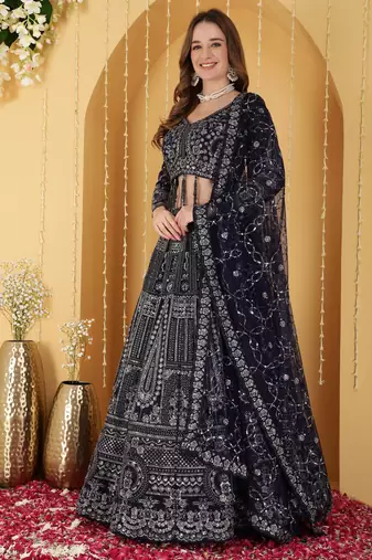 Dark Blue Double Net Hand Embroidered Lehenga Set