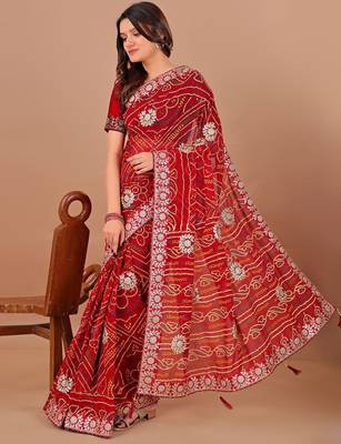 red bandhani printed gotta patti saree 2