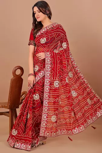 red bandhani printed gotta patti saree