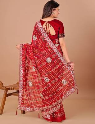 red bandhani printed gotta patti saree 3