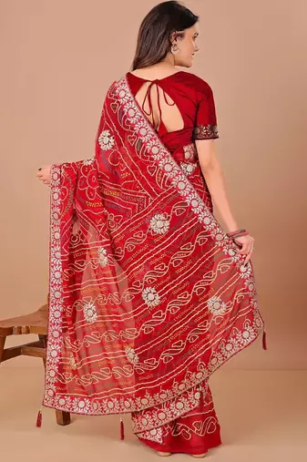 red bandhani printed gotta patti saree