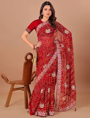 red bandhani printed gotta patti saree 4