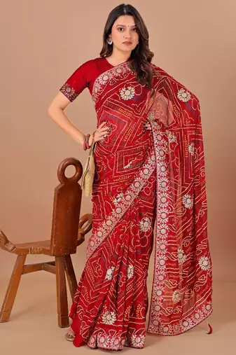 red bandhani printed gotta patti saree