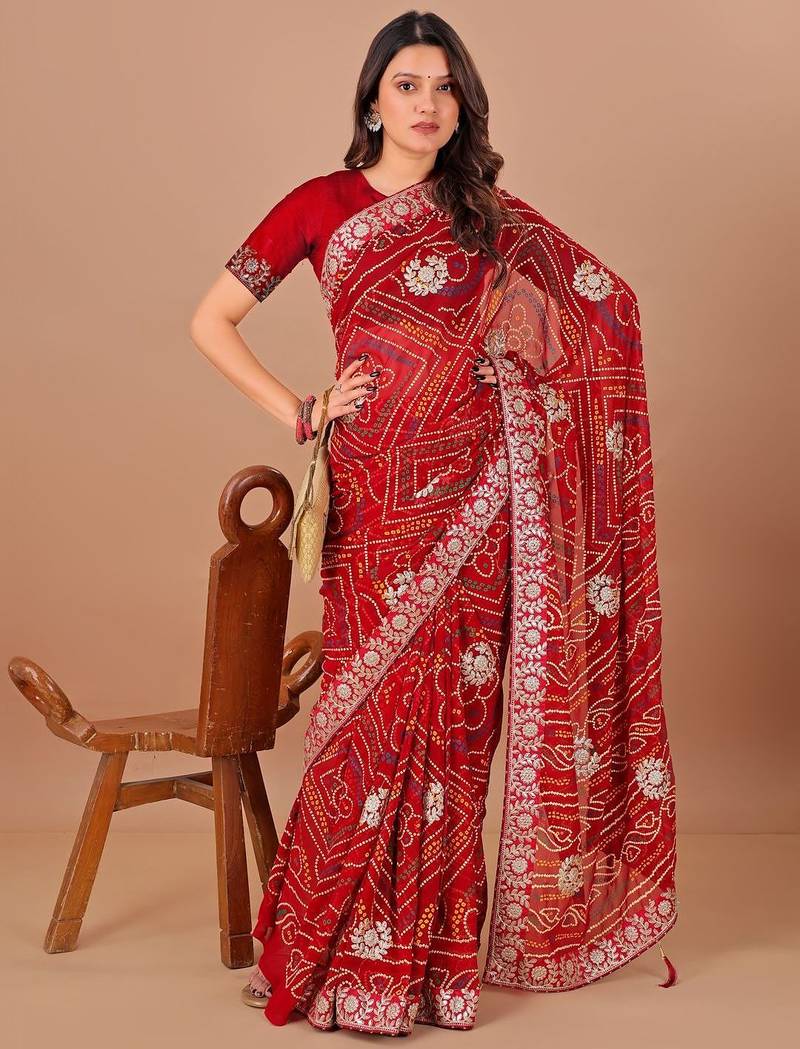 red bandhani printed gotta patti saree