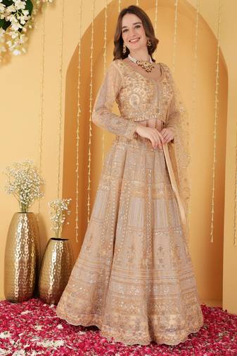 Beige Double Net Hand Embroidered Lehenga Set