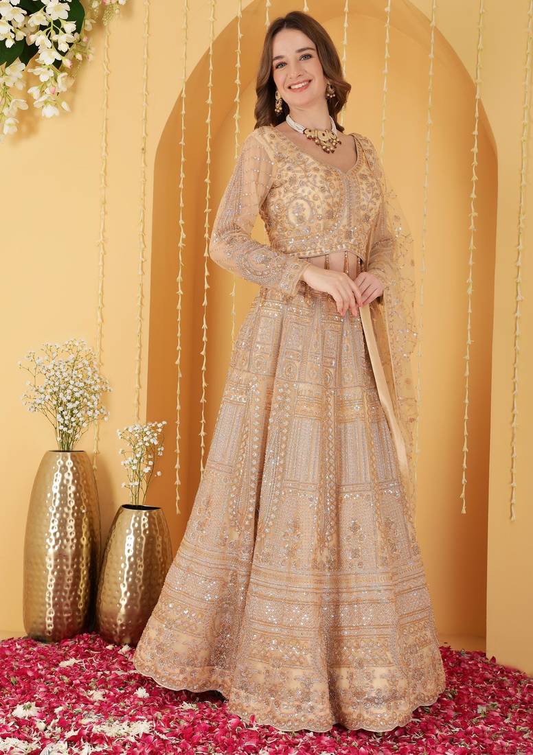 Beige Double Net Hand Embroidered Lehenga Set