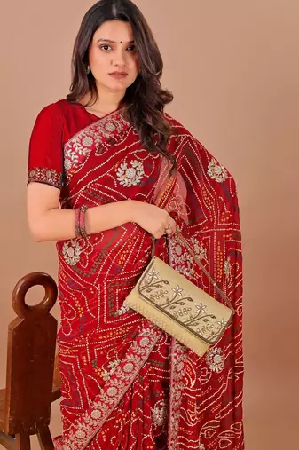 red bandhani printed gotta patti saree