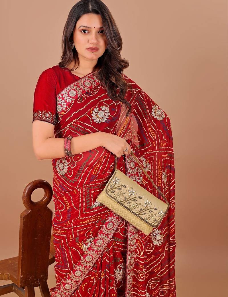 red bandhani printed gotta patti saree