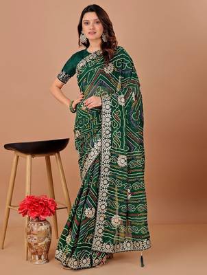 Green bandhani embroidered  gotta work saree 1