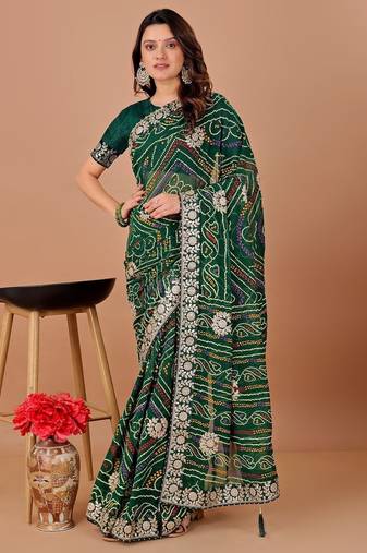 Green bandhani embroidered  gotta work saree