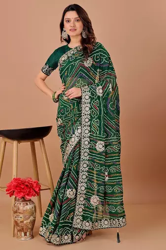 Green bandhani embroidered  gotta work saree