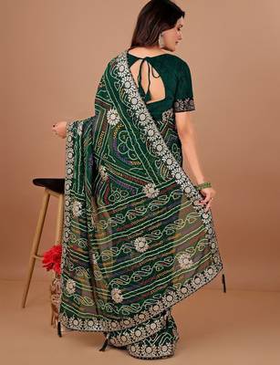 Green bandhani embroidered  gotta work saree 2