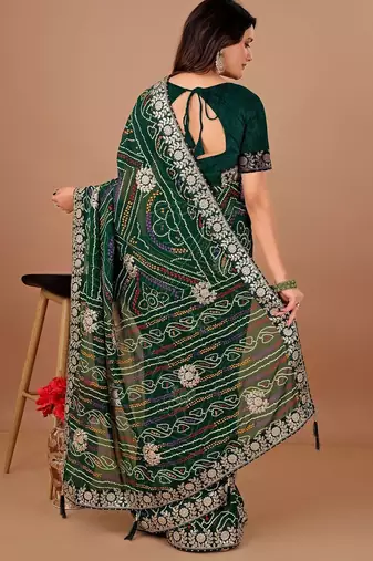 Green bandhani embroidered  gotta work saree