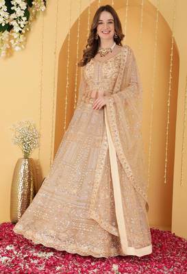 Beige Double Net Hand Embroidered Lehenga Set 3