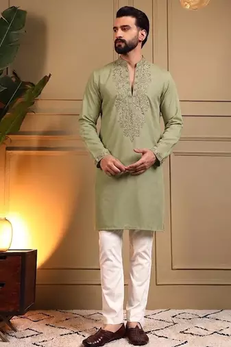 Yellow star silk embroidery sequence work premium designer only kurta