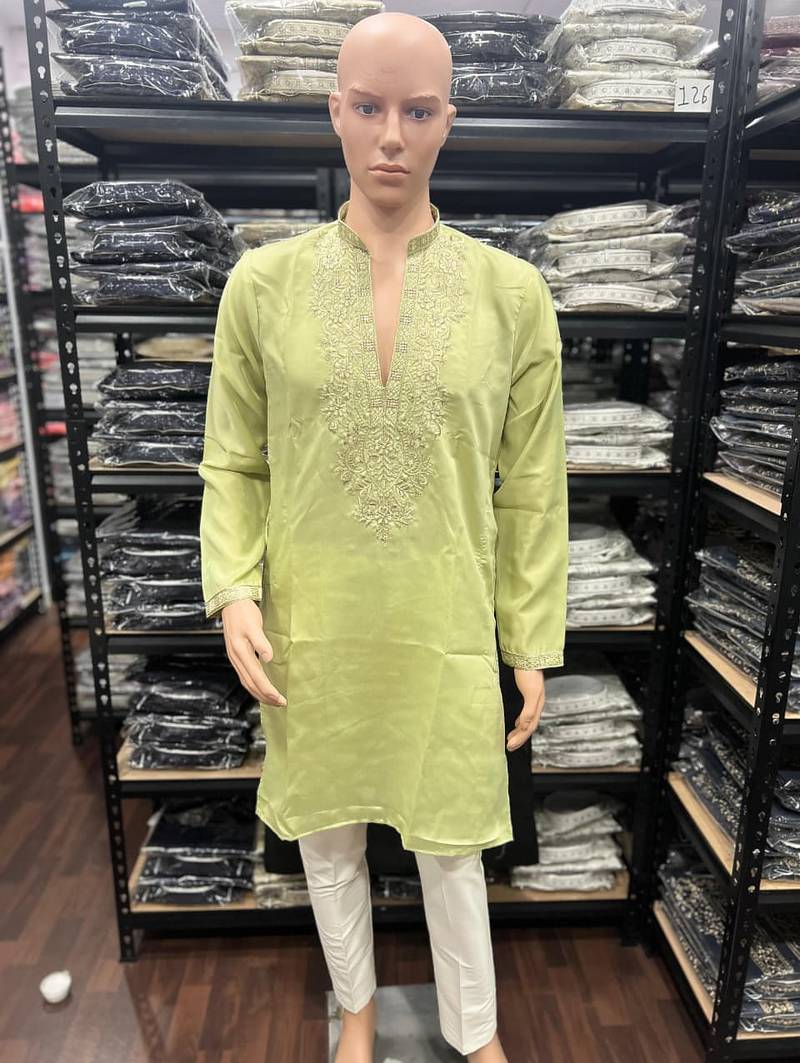 Yellow star silk embroidery sequence work premium designer only kurta