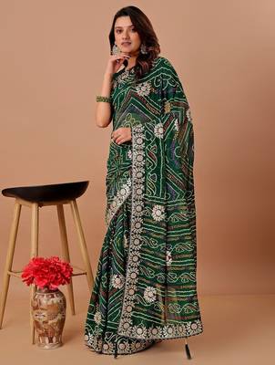 Green bandhani embroidered  gotta work saree 3