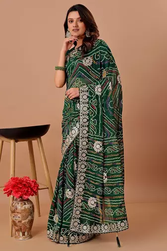 Green bandhani embroidered  gotta work saree