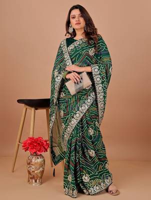 Green bandhani embroidered  gotta work saree 4