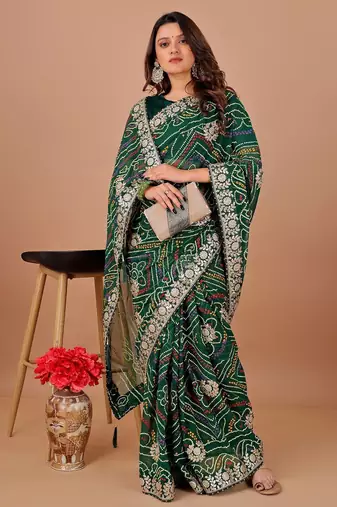 Green bandhani embroidered  gotta work saree