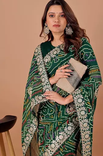 Green bandhani embroidered  gotta work saree