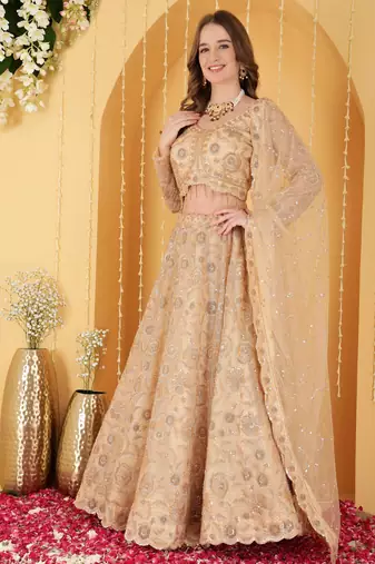 Gold Double Net Hand Embroidered Lehenga Set