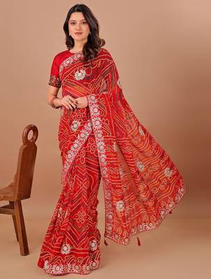 red bandhani embroidered bandhani saree 1