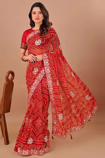 red bandhani embroidered bandhani saree